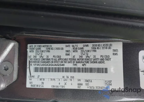 2016 Ford Escape Se из США, поврежденный, VIN 1FMCU0GX2GUA02349